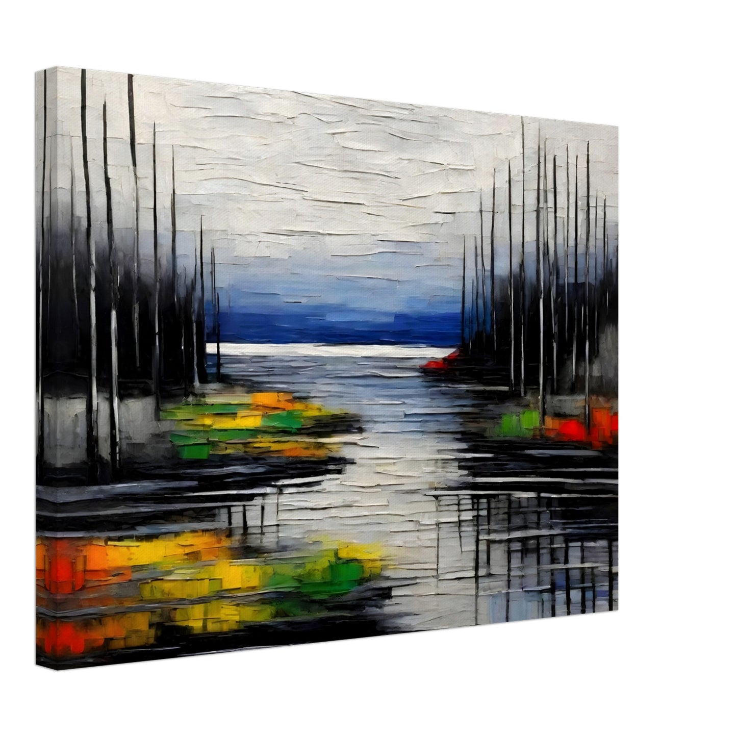 A moody, textured painting of a lake with dark, bare trees reflecting on the water, contrasted by vibrant patches of green, yellow, and red.