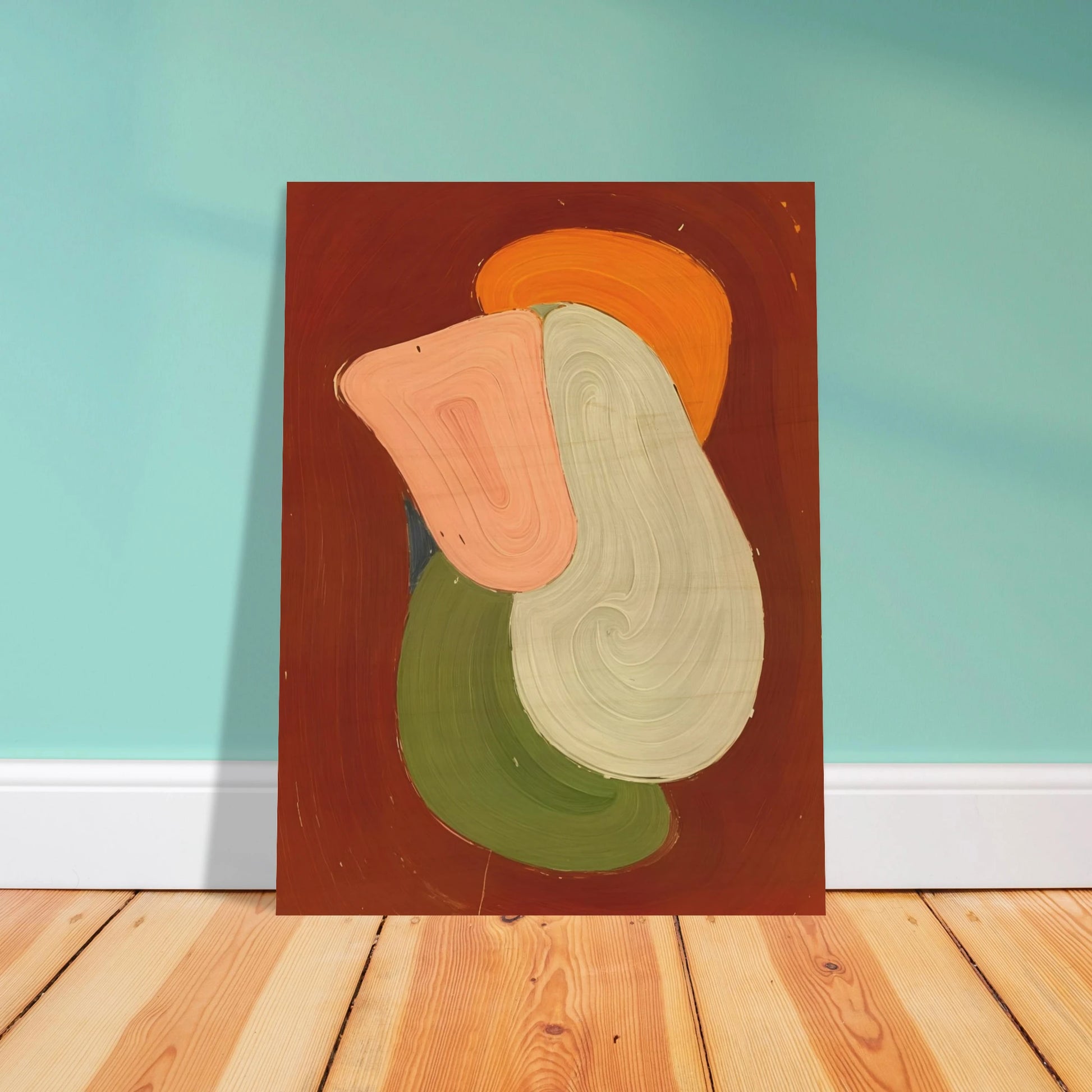 Bold layered organic figure in blush, ivory, olive, and amber rises against a deep rust field with sculptural modern presence.