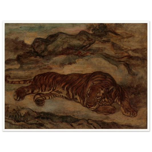 Resting tiger lies across a rocky landscape under a dark, clouded sky