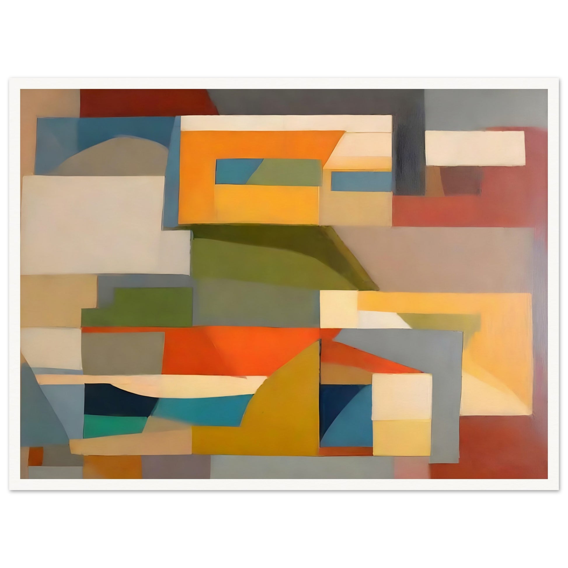 A geometric abstract painting with overlapping shapes in earthy tones of orange, yellow, green, blue, and beige, creating a harmonious composition.