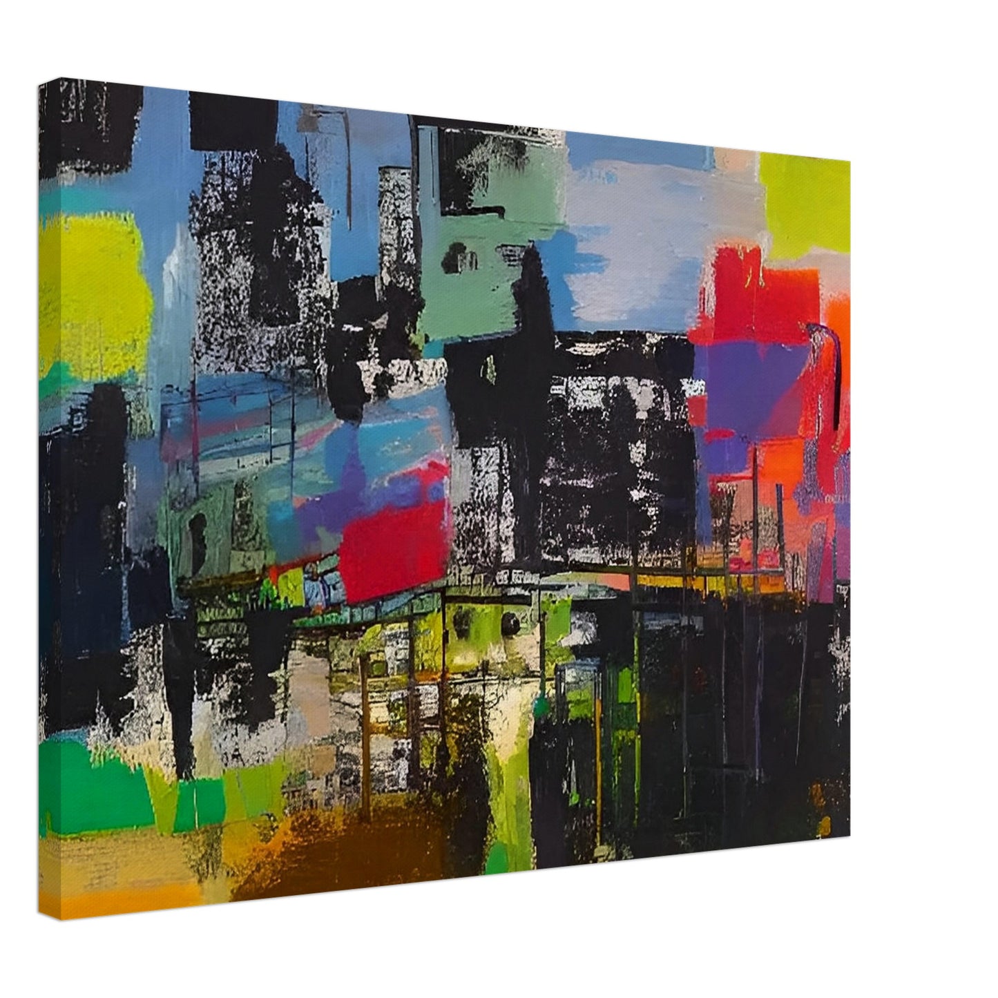 An abstract painting with bold colors and textures representing a bustling cityscape. The composition features vibrant blocks of green, blue, yellow, and red.