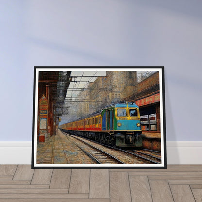 "A detailed painting of a train arriving at an urban station, set against the backdrop of tall buildings and intricate overhead wires, capturing the bustling city atmosphere."