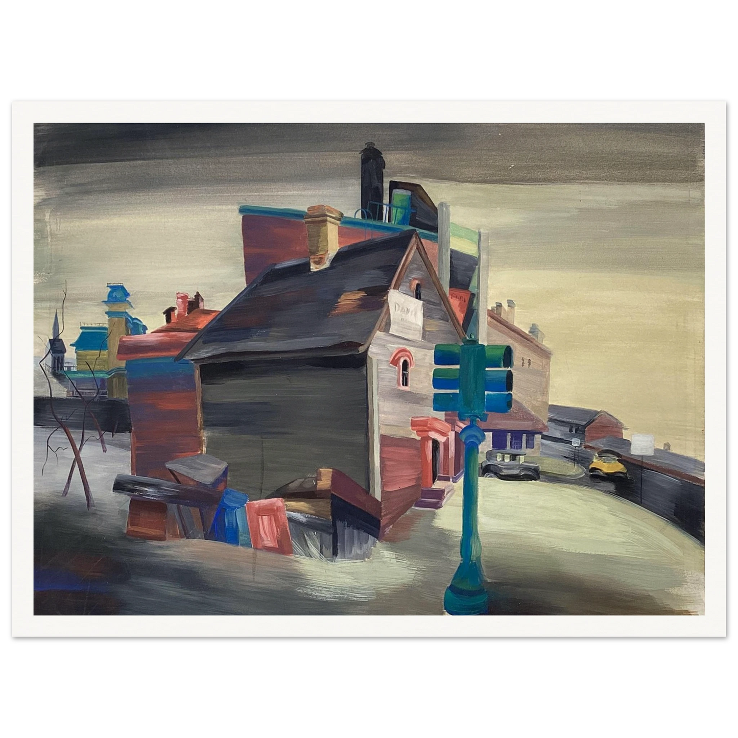 A colorful urban street with clustered houses, vintage cars, and a green traffic light beneath a gray sky.