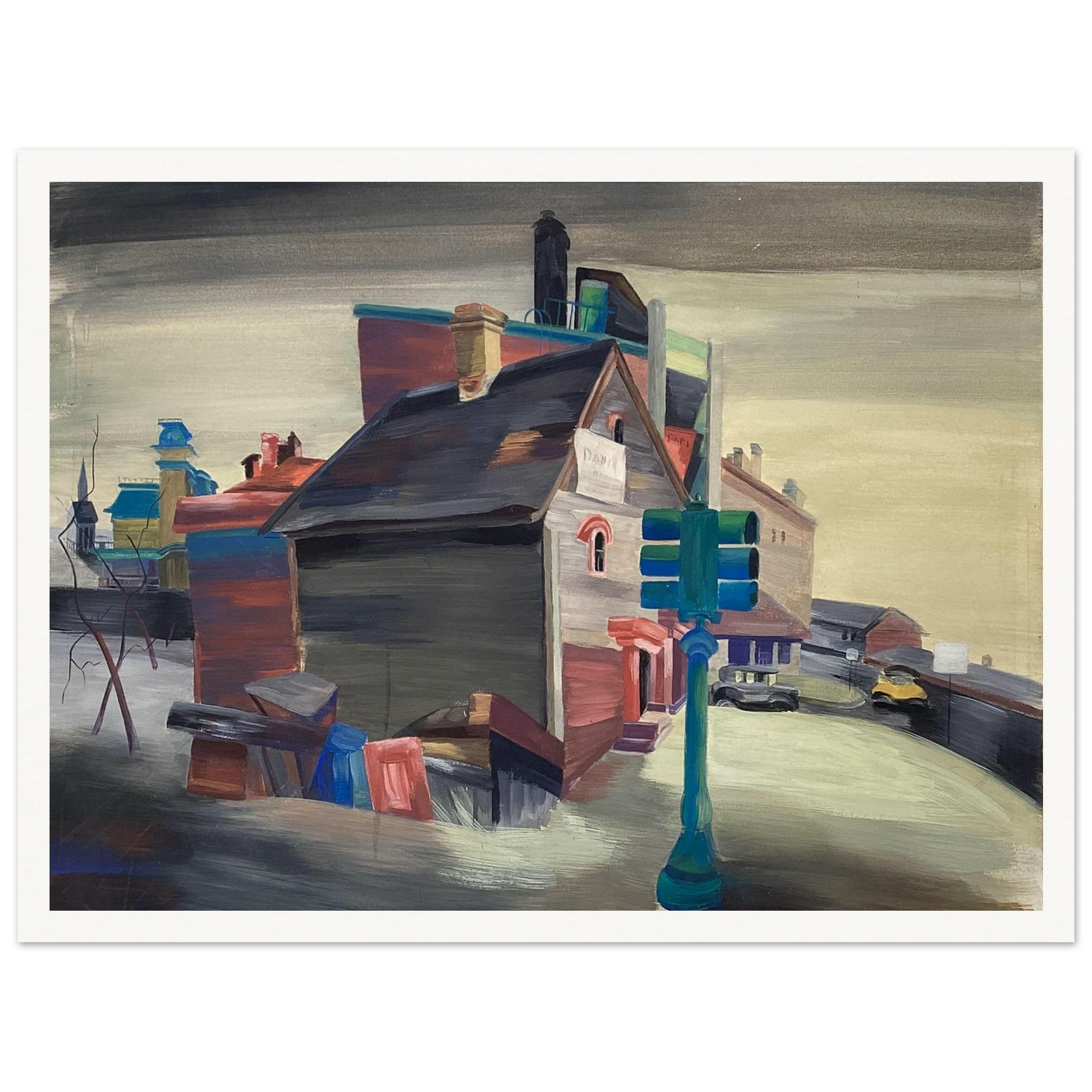 A colorful urban street with clustered houses, vintage cars, and a green traffic light beneath a gray sky.