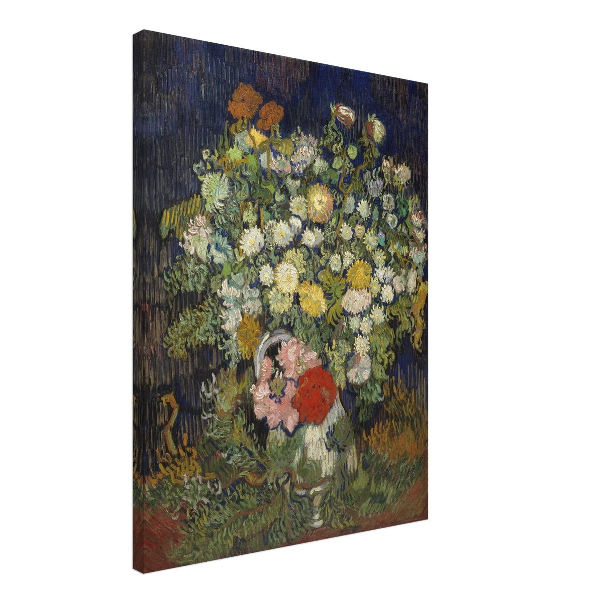 A lush bouquet of white, yellow, pink, and red flowers rises from a vase against a dark blue background.