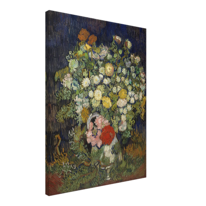 A lush bouquet of white, yellow, pink, and red flowers rises from a vase against a dark blue background.
