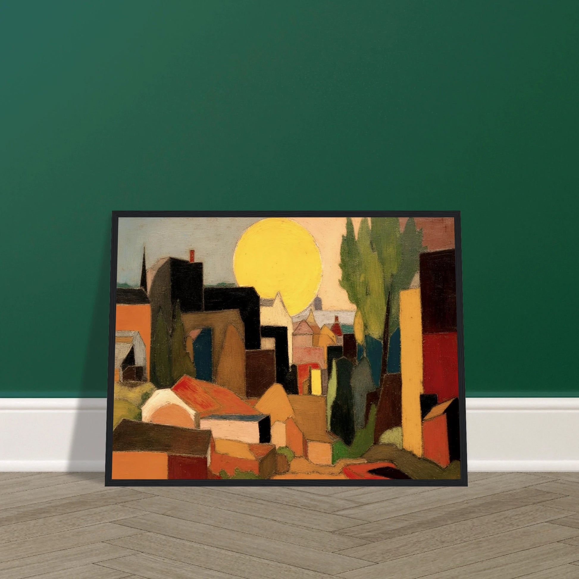 A stylized village landscape featuring geometric houses, tall trees, and a large golden sun rising or setting behind the rooftops in warm earthy tones.