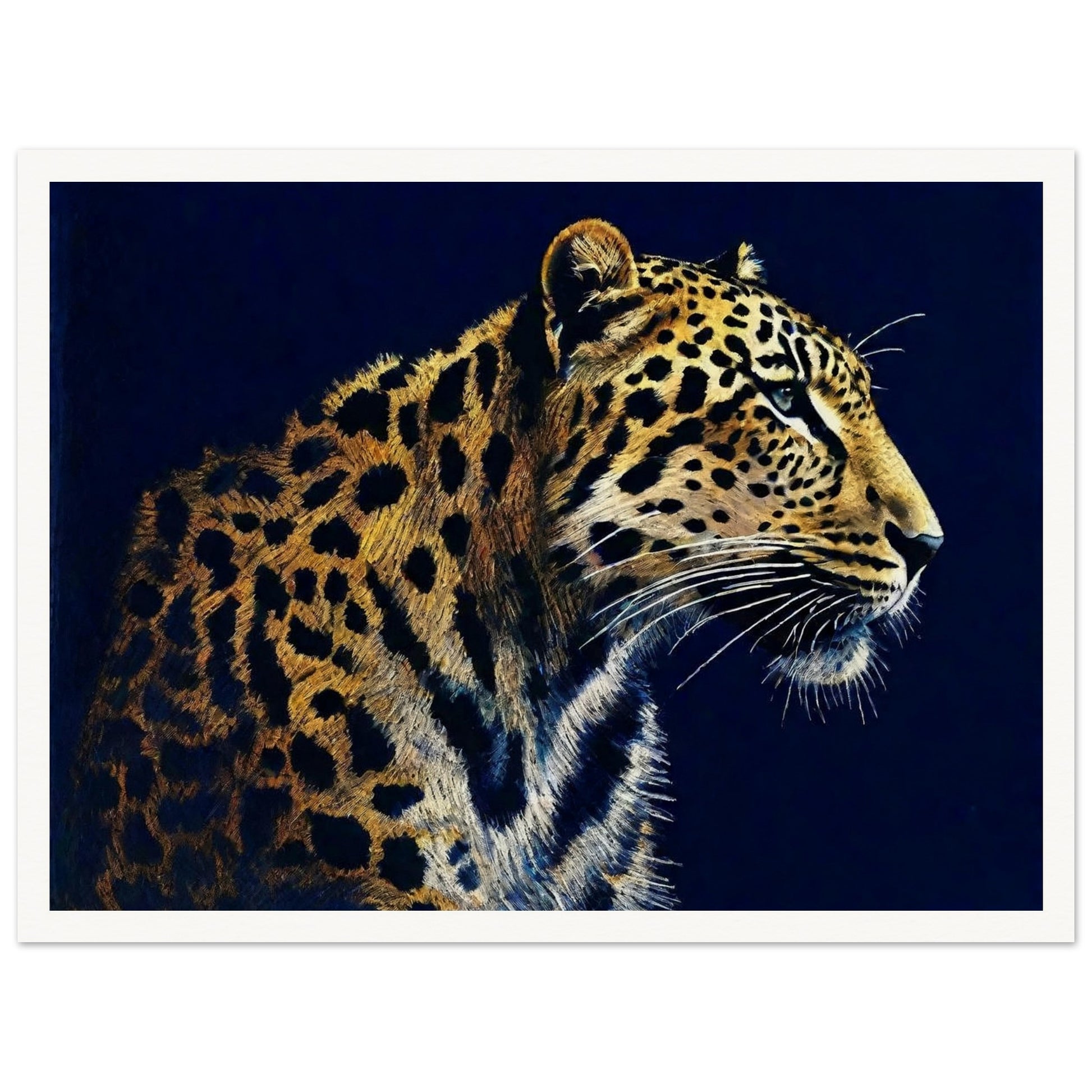 A detailed painting of a leopard against a dark background, showcasing its beautiful spotted coat and intense gaze.