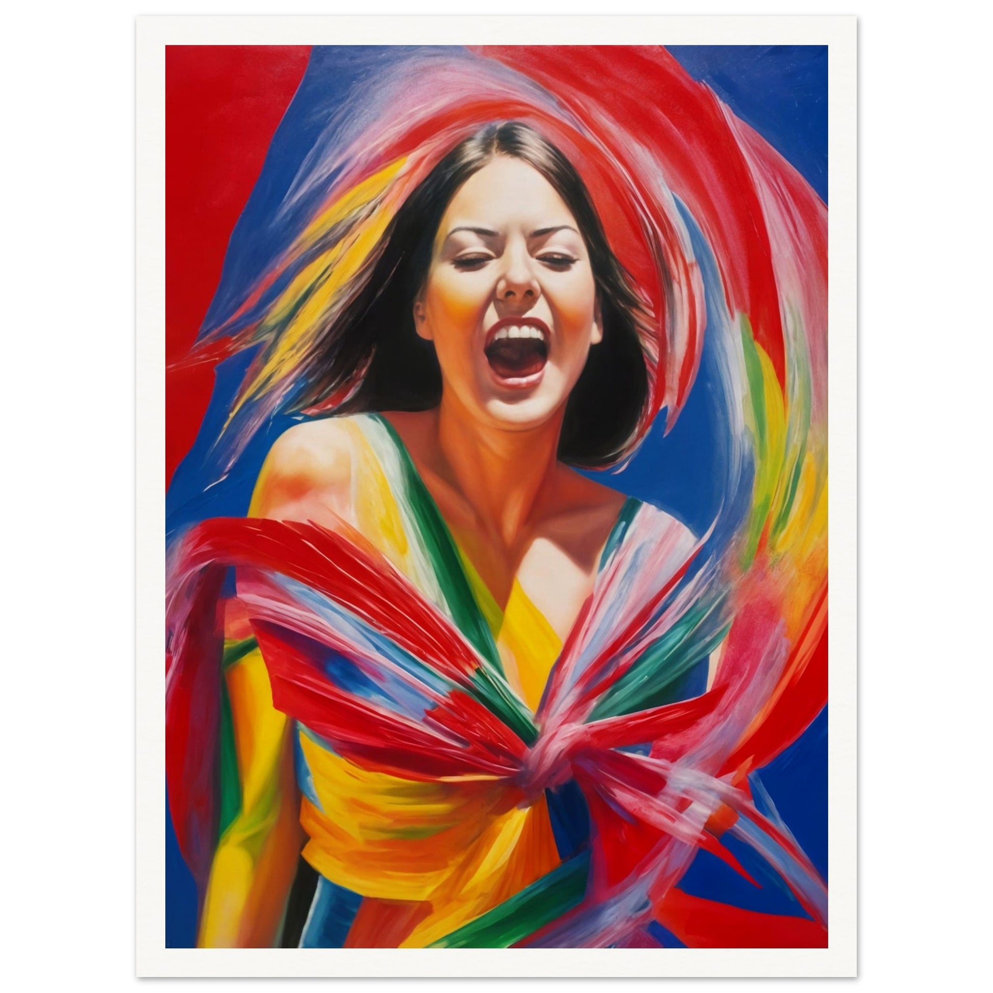 Dynamic portrait of a woman radiating joy, surrounded by swirling vibrant ribbons of red, blue, yellow, and green.