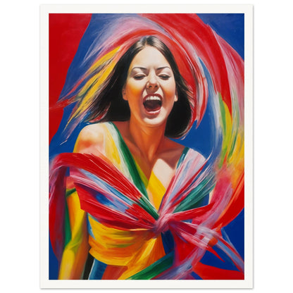 Dynamic portrait of a woman radiating joy, surrounded by swirling vibrant ribbons of red, blue, yellow, and green.