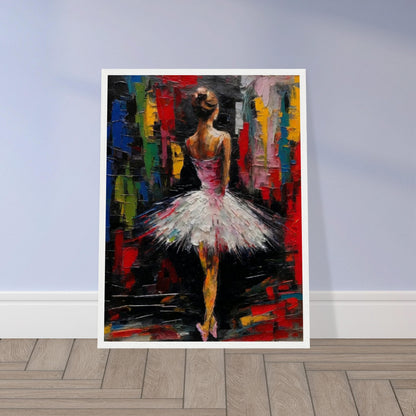 An expressive painting of a ballerina in a white tutu, standing against a vibrant, abstract background.