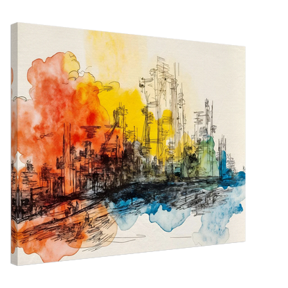 Ink city skyline with orange, yellow, and blue watercolor washes across a bright urban scene.