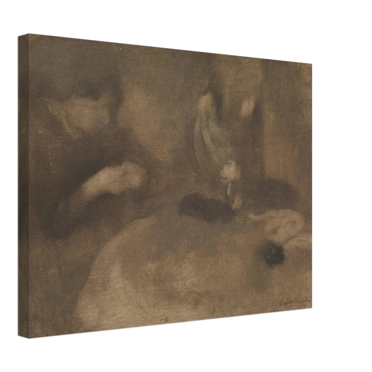 Hazy brown-toned scene of women sewing and winding yarn at a table