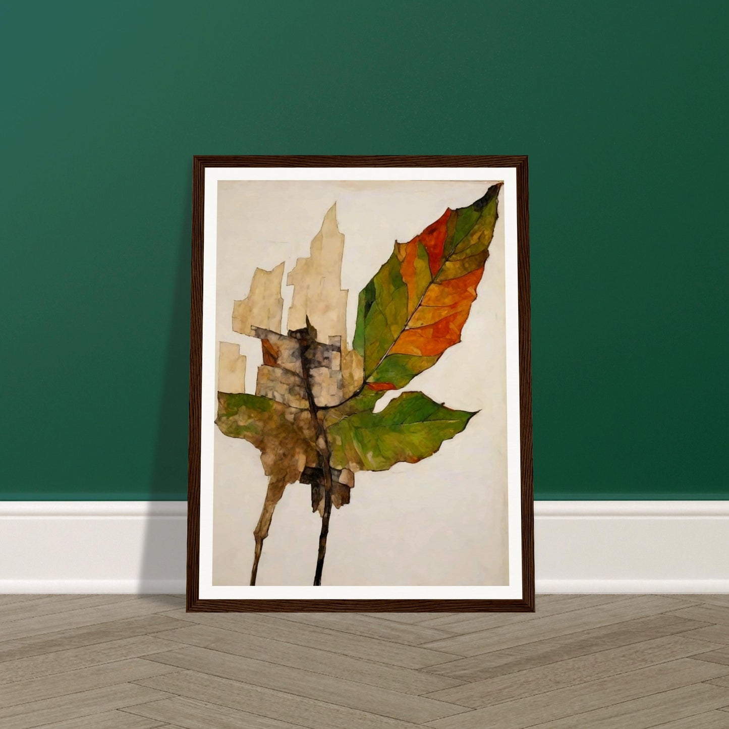 A detailed depiction of a leaf transitioning from green to brown and orange, showing the effects of aging and decay, set against a soft neutral background.