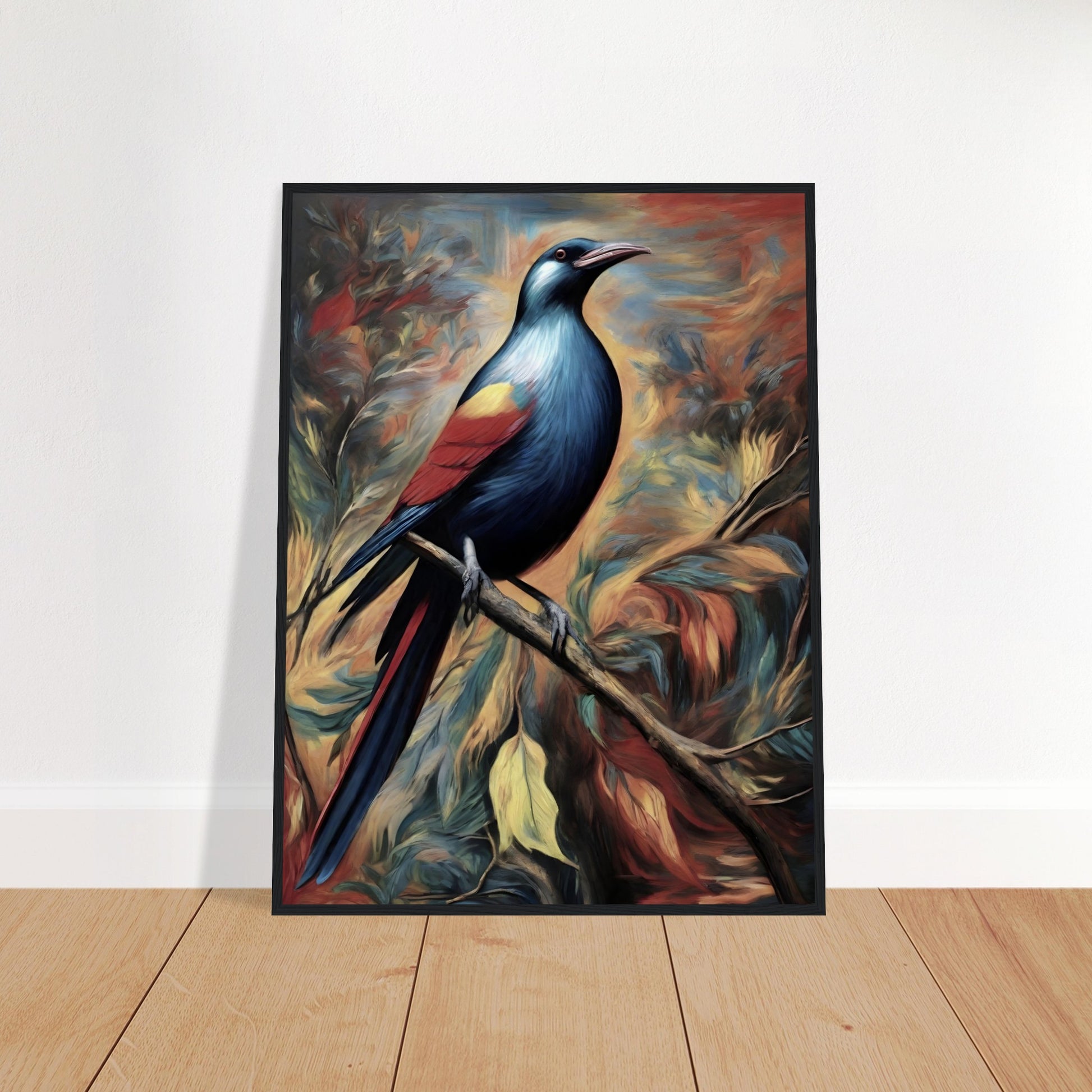 A vibrant painting of a bird with shimmering blue, red, and yellow feathers perched on a branch, set against a dramatic swirling background of autumn tones.