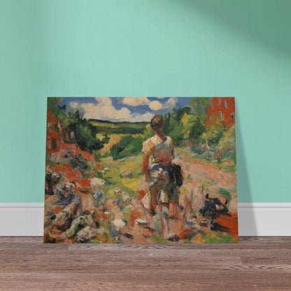 An expressive painting of a shepherd walking with a flock of sheep along a colorful, scenic countryside path.