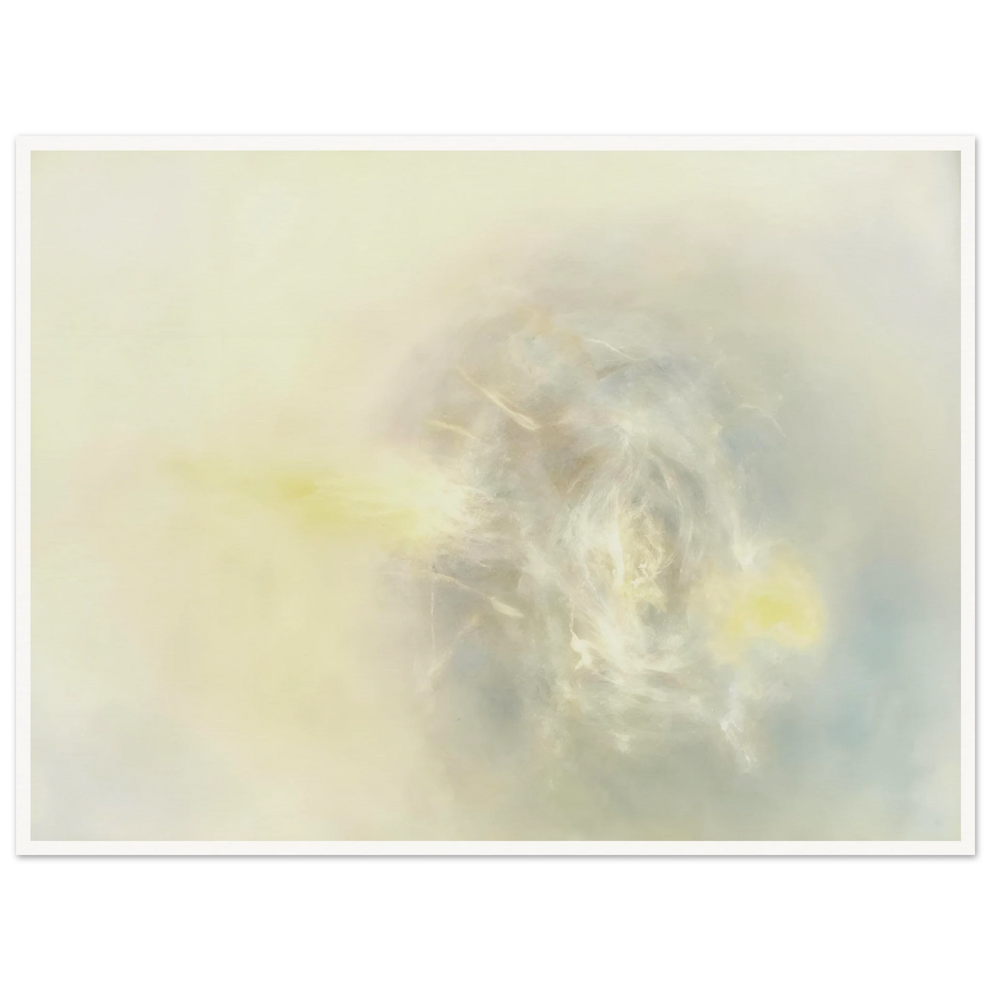 Soft luminous haze of ivory, pearl, and faint yellow gathers in an ethereal swirl, like light emerging through mist.