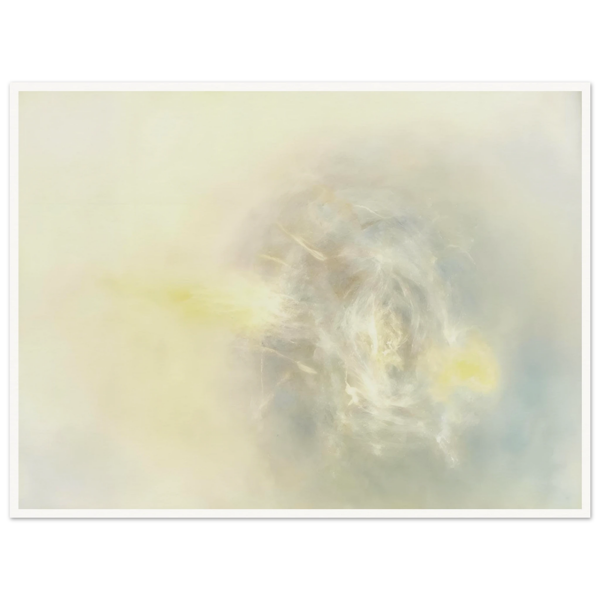 Soft luminous haze of ivory, pearl, and faint yellow gathers in an ethereal swirl, like light emerging through mist.