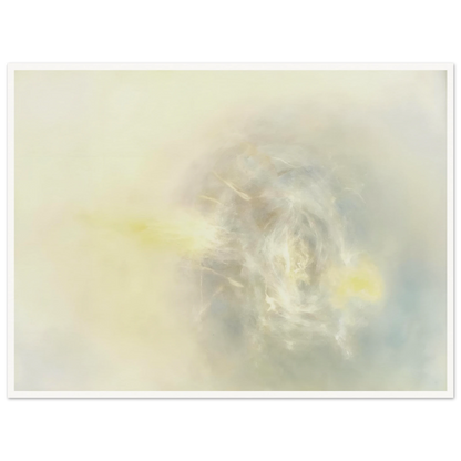 Soft luminous haze of ivory, pearl, and faint yellow gathers in an ethereal swirl, like light emerging through mist.