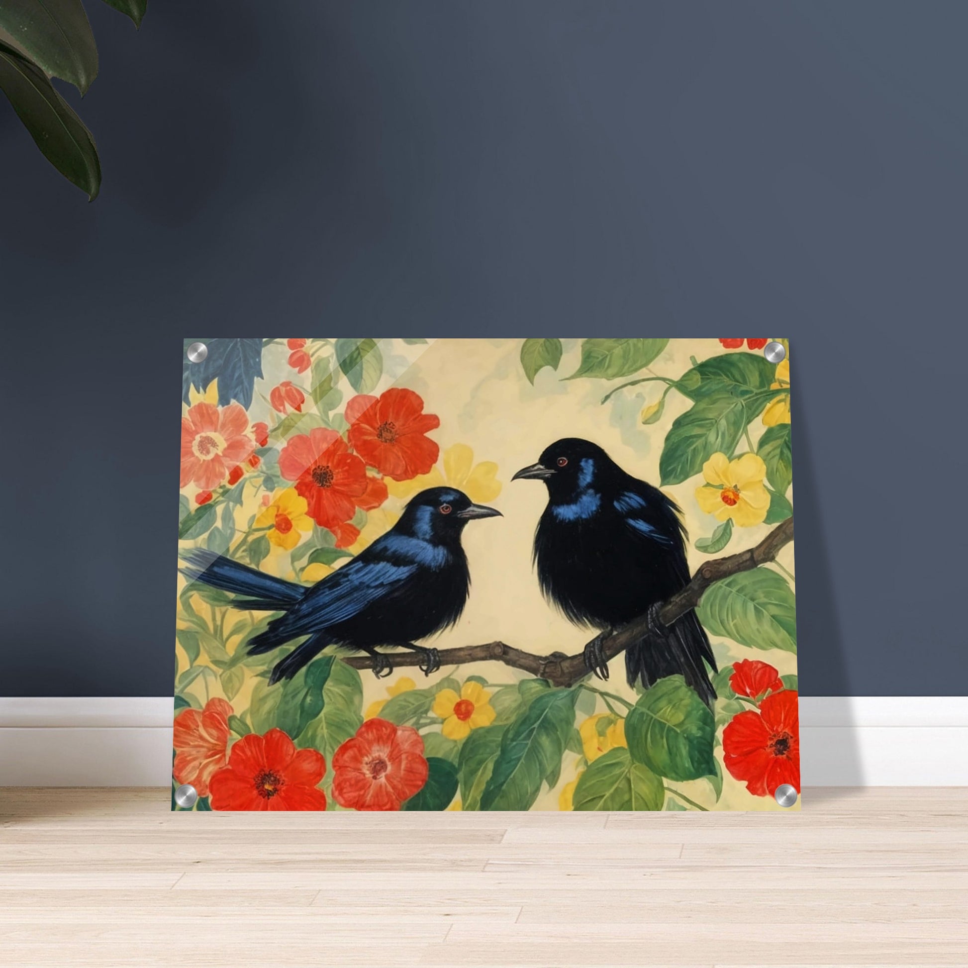 "A vibrant painting of two black birds perched on a branch surrounded by lush red and yellow flowers and green foliage, set against a soft background."