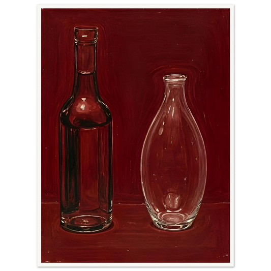 Two clear glass bottles stand against a deep red backdrop, reflecting light with elegant symmetry.