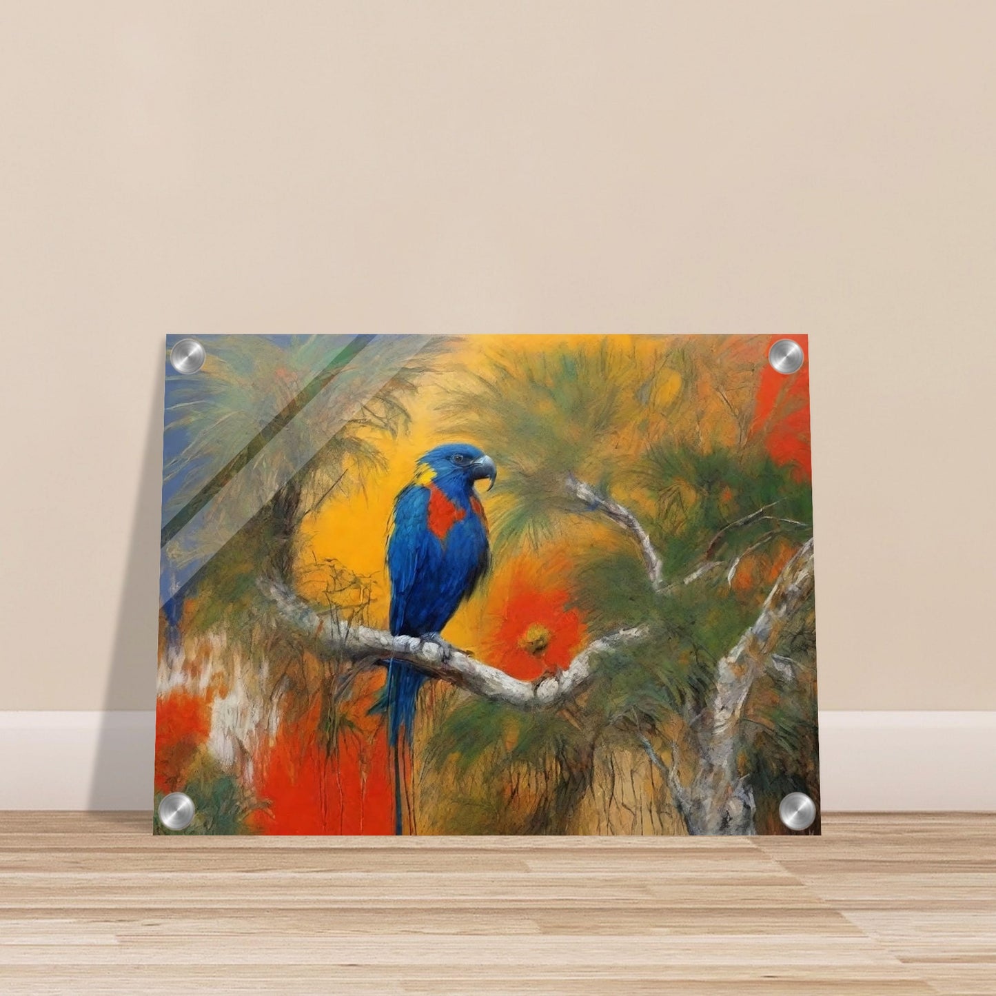 "A vibrant painting of a parrot with blue, red, and yellow feathers perched on a branch, set against a lush, tropical backdrop with rich orange and green hues."