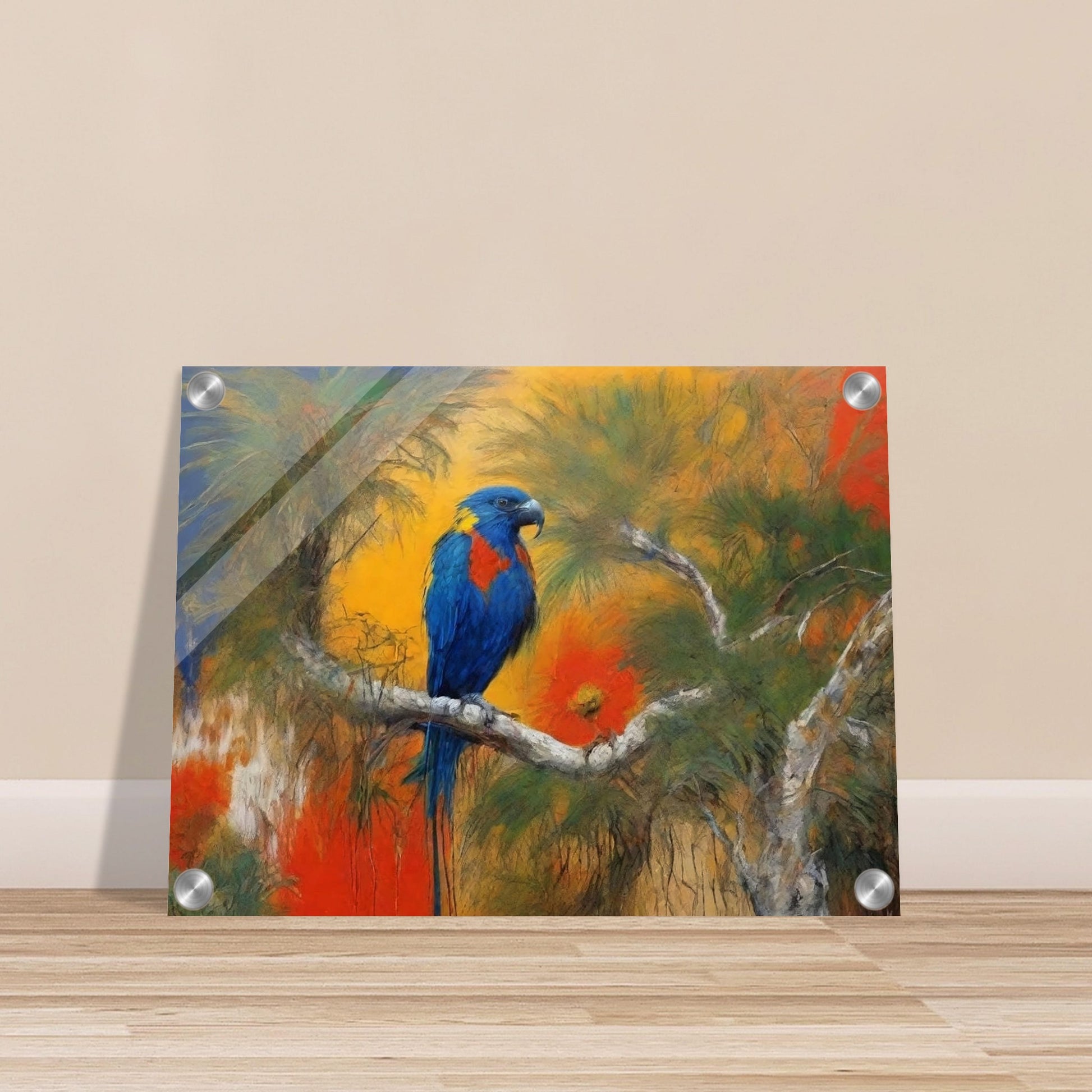 "A vibrant painting of a parrot with blue, red, and yellow feathers perched on a branch, set against a lush, tropical backdrop with rich orange and green hues."