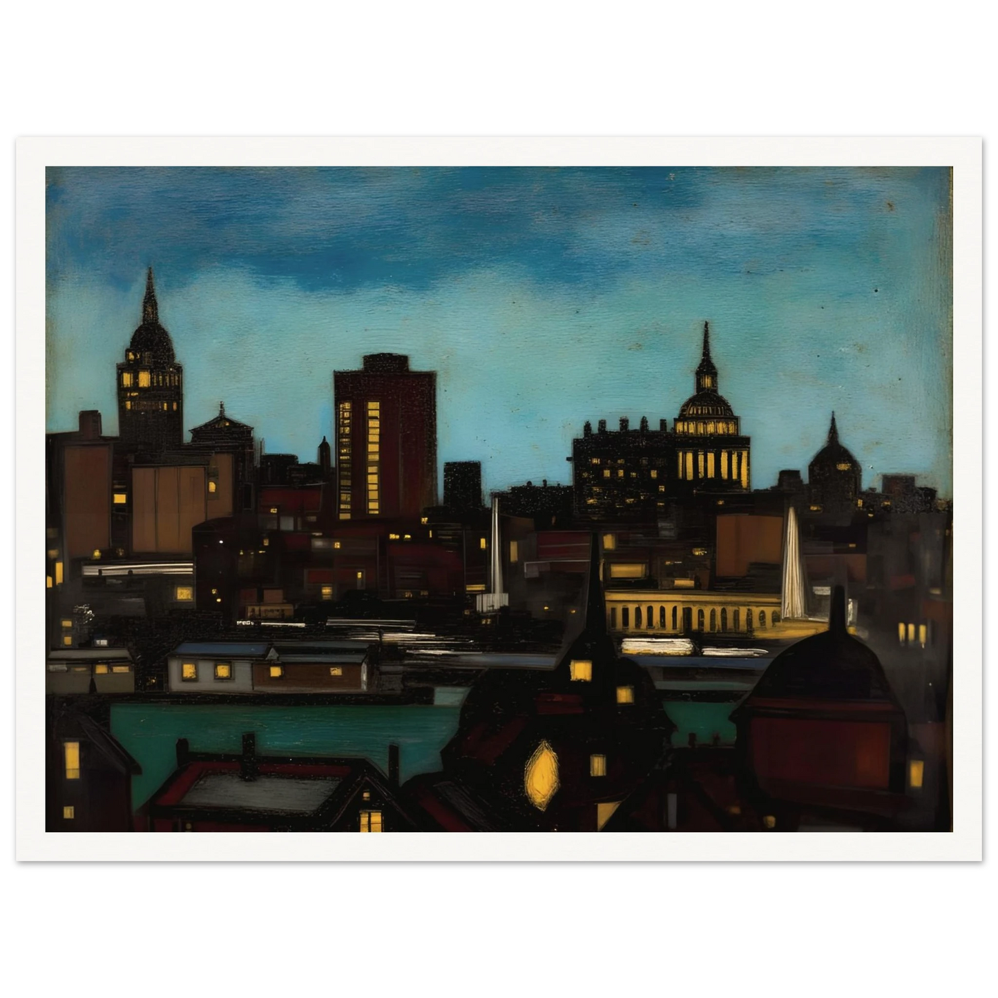 A glowing city skyline at dusk with illuminated towers, rooftops, and spires beneath a deep blue evening sky.