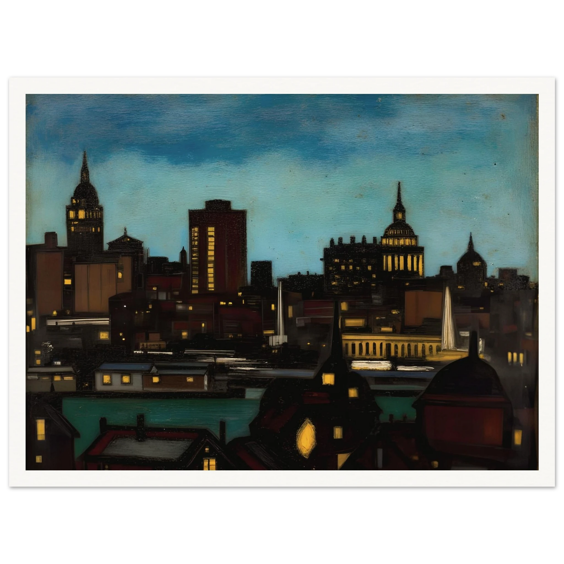 A glowing city skyline at dusk with illuminated towers, rooftops, and spires beneath a deep blue evening sky.