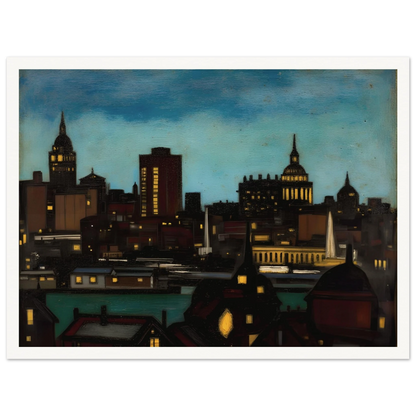 A glowing city skyline at dusk with illuminated towers, rooftops, and spires beneath a deep blue evening sky.