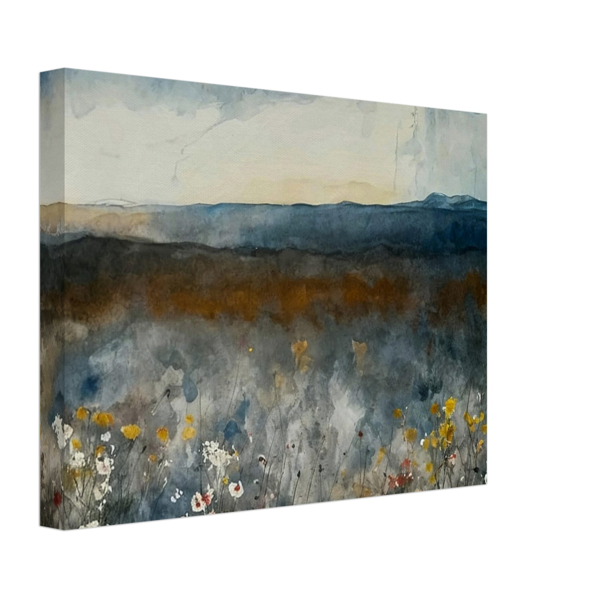 A painting of a misty meadow with wildflowers in the foreground and distant mountains under a cloudy sky.