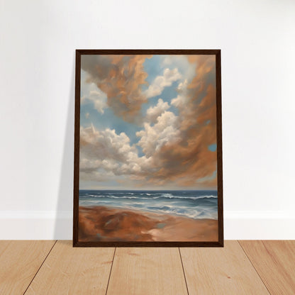 A breathtaking seascape with soft waves rolling onto a sandy shore beneath a sky filled with billowing golden clouds against a serene blue backdrop.