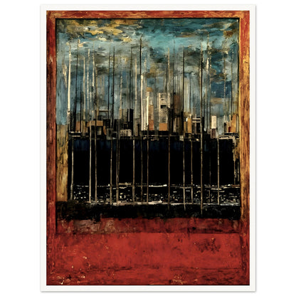 A textured cityscape with towering structures, deep red and blue hues, and an abstract urban skyline, framed in a rustic border.