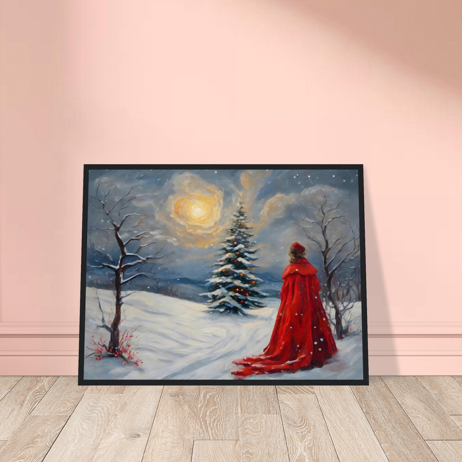 A woman in a flowing red cloak gazes at a glowing Christmas tree in a snowy landscape, illuminated by a radiant moon and serene winter sky.