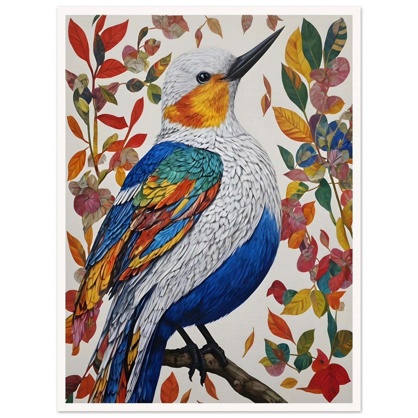 A colorful painting of a bird with vibrant blue, orange, yellow, and green feathers perched on a branch, surrounded by autumn leaves in red and gold hues.