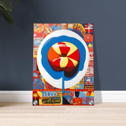 Colorful painting featuring a bold lollipop design at the center surrounded by retro-inspired pop art elements and vibrant patterns.