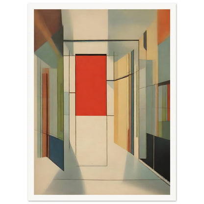 An abstract artwork featuring geometric shapes forming a modern corridor with a prominent red panel at the center, surrounded by muted tones of beige, green, and orange.