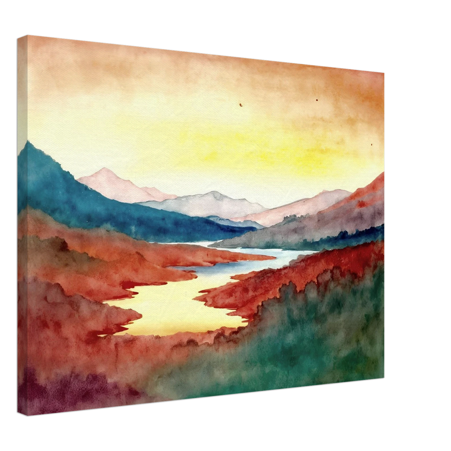 A luminous river winds through crimson hills and distant mountains beneath a glowing sky washed with warm light.