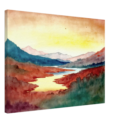 A luminous river winds through crimson hills and distant mountains beneath a glowing sky washed with warm light.