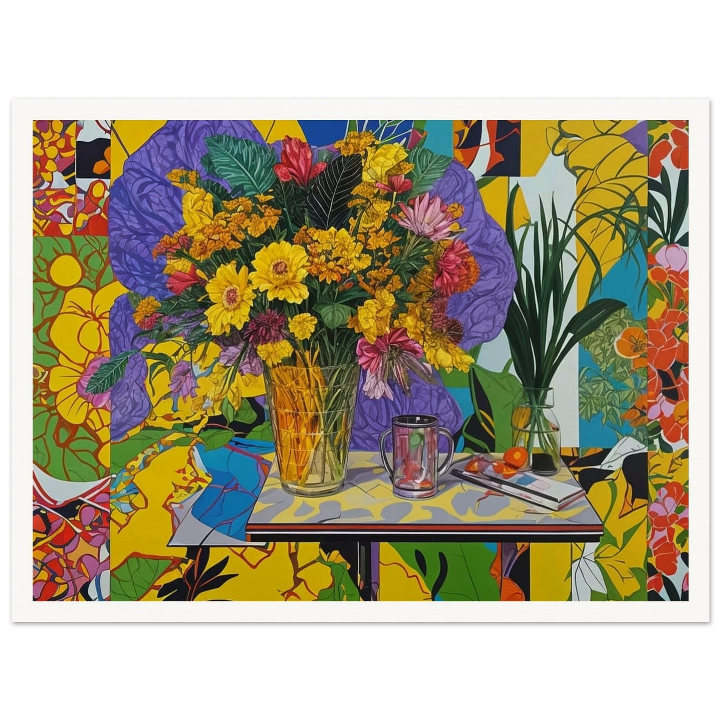 A vibrant painting featuring a bouquet of yellow, pink, and red flowers in a clear glass vase placed on a table. The background is filled with colorful and abstract patterns, enhancing the lively and energetic feel of the artwork. On the table, there is also a glass mug and a small plate with oranges, adding more elements to this dynamic composition.