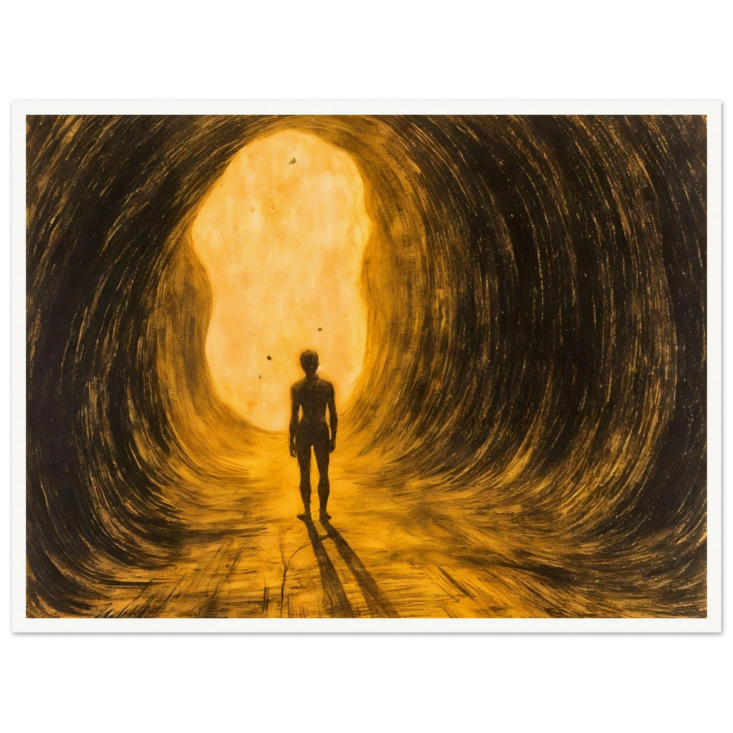 A lone silhouette walks through a glowing golden tunnel, surrounded by sweeping dark textures and radiant light ahead.
