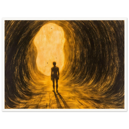 A lone silhouette walks through a glowing golden tunnel, surrounded by sweeping dark textures and radiant light ahead.