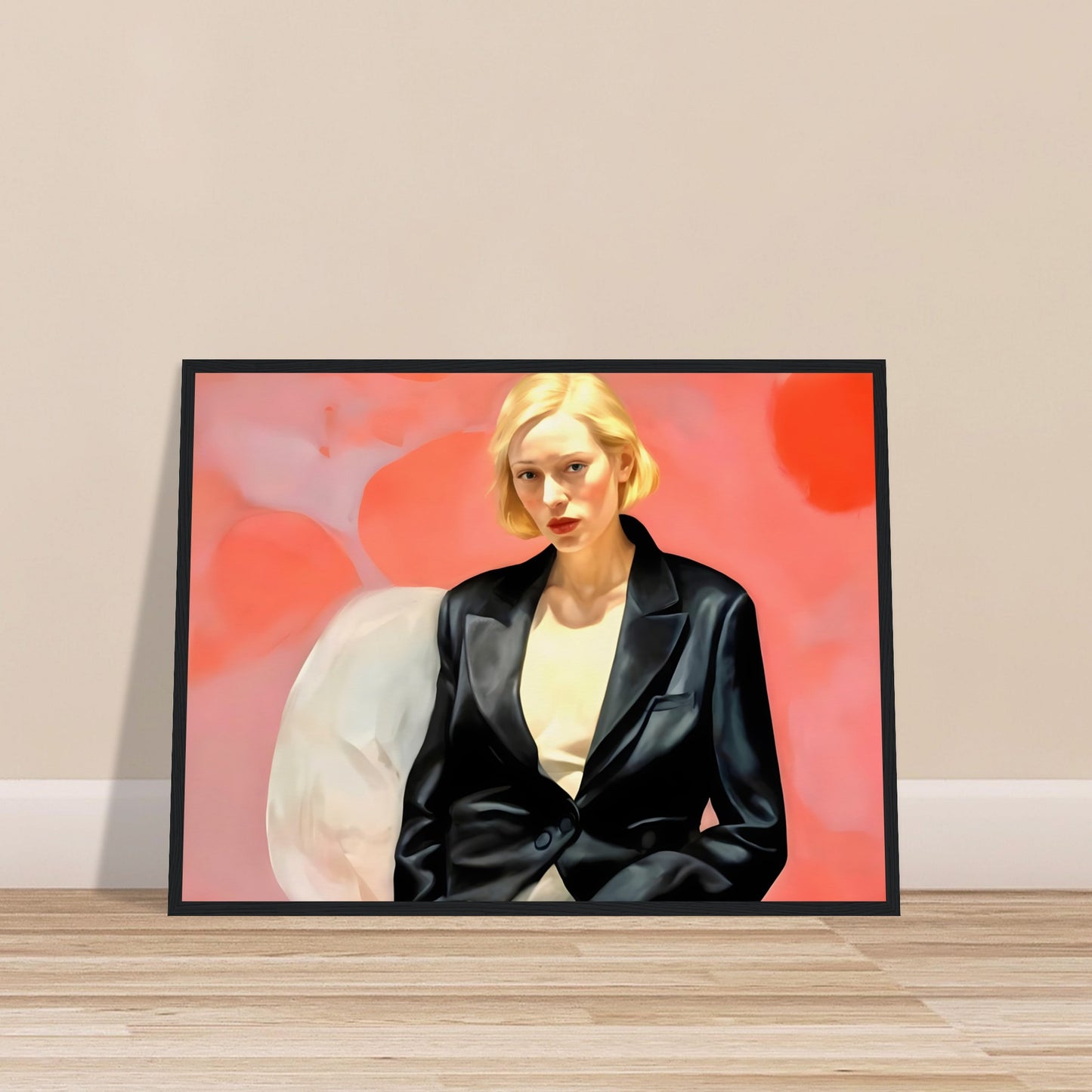 A striking portrait of a blonde woman in a black leather blazer, seated against a vibrant pink and red abstract background, exuding confidence and poise.