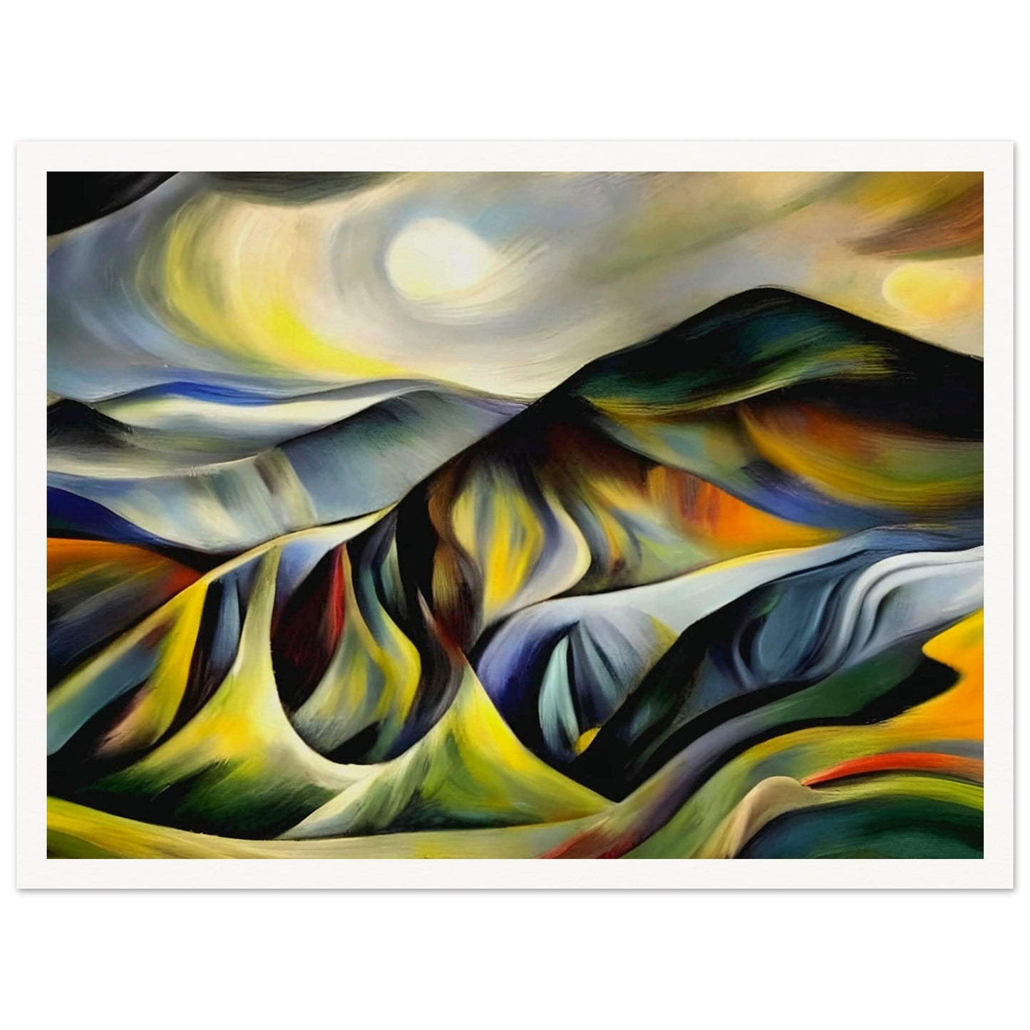 A vivid, abstract landscape painting featuring rolling mountains in rich shades of yellow, green, blue, and orange under a glowing sky.