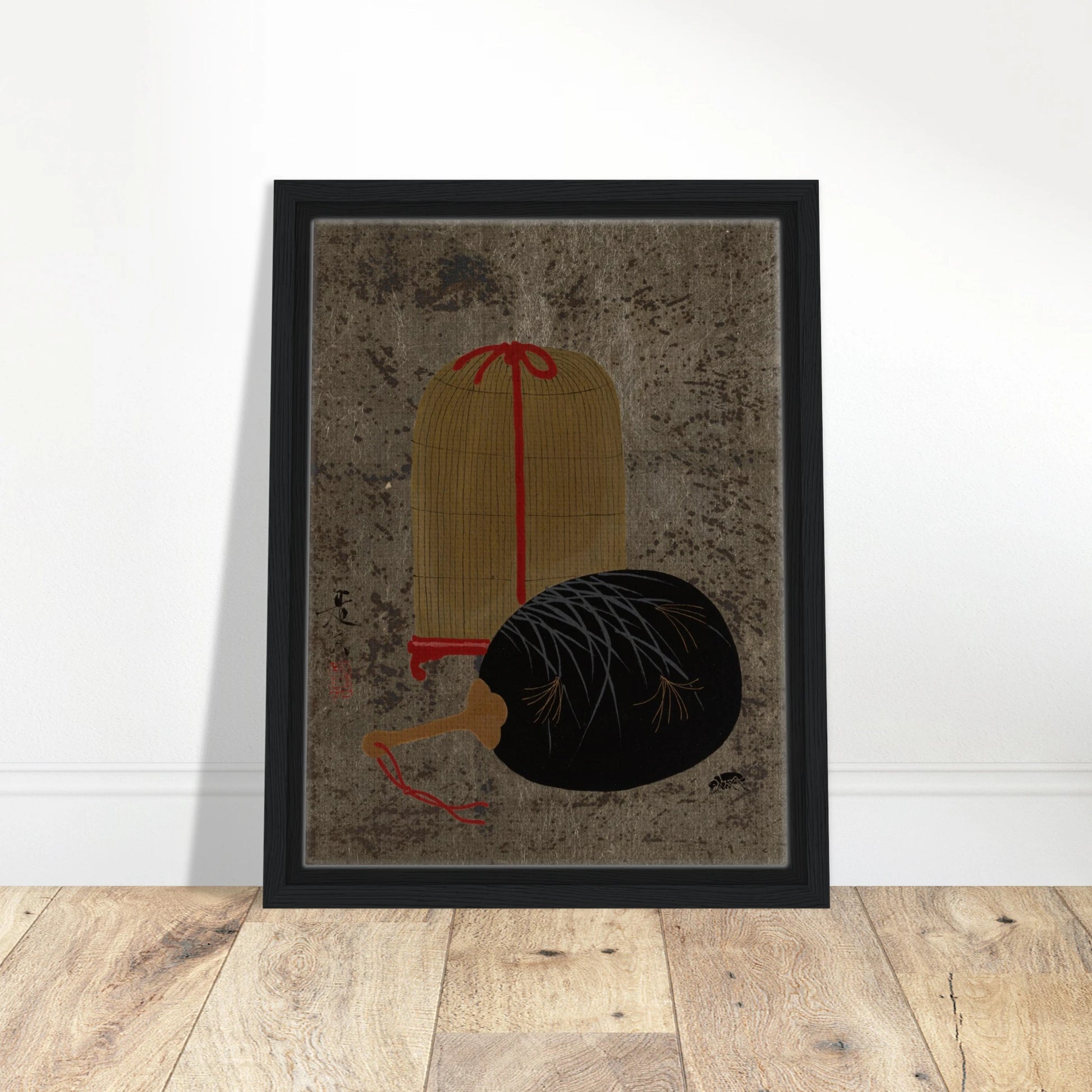 Japanese still life with a black fan and hanging insect cage on a textured gray ground