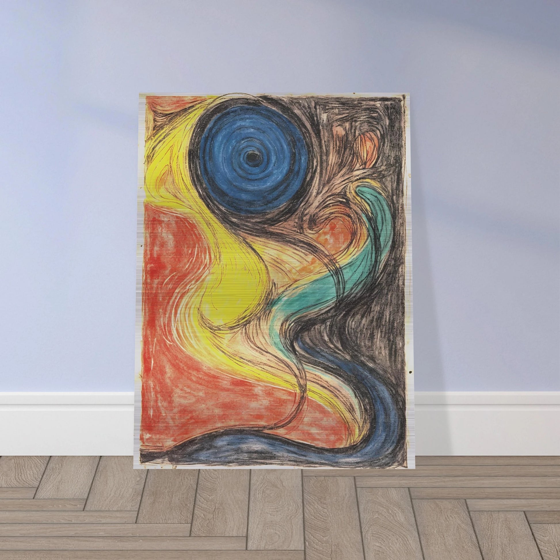 Flowing abstract lines weave through fiery red, luminous yellow, deep blue, and shadowed black, evoking cosmic movement and elemental energy.