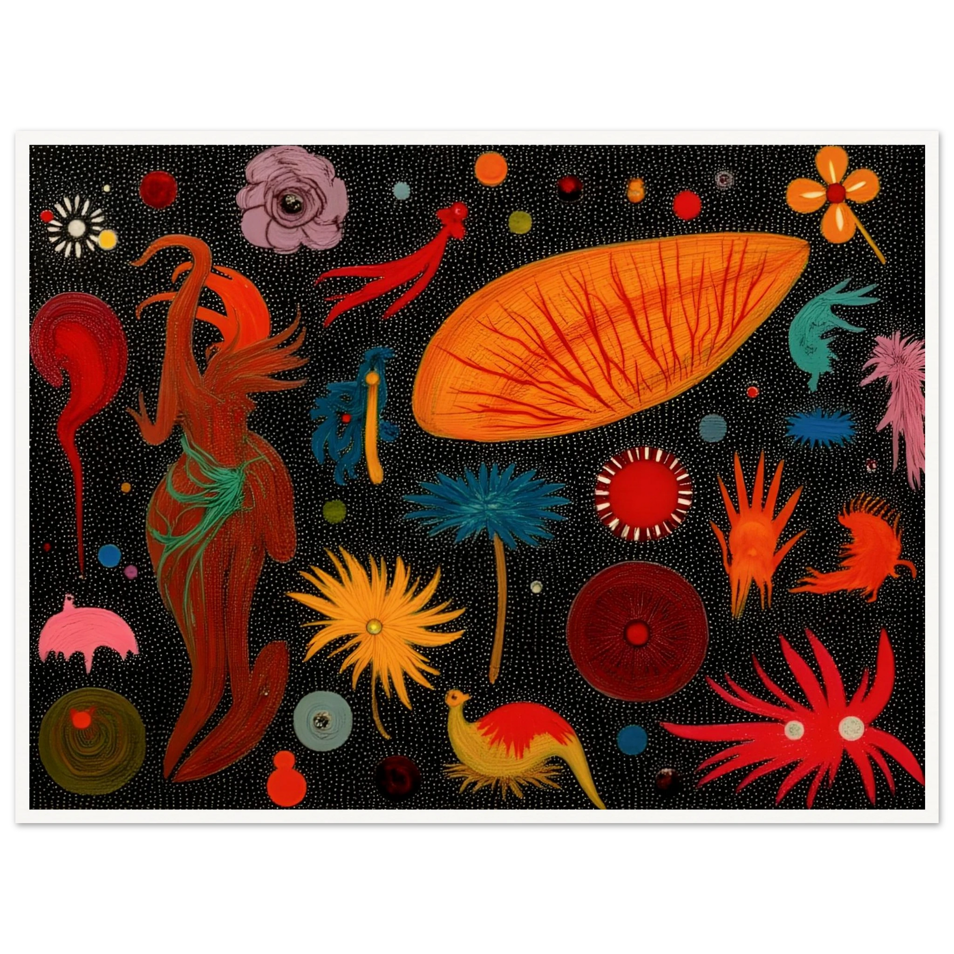 A vivid constellation of surreal floral and animal-like forms scattered over a black dotted background in bright, playful colors.