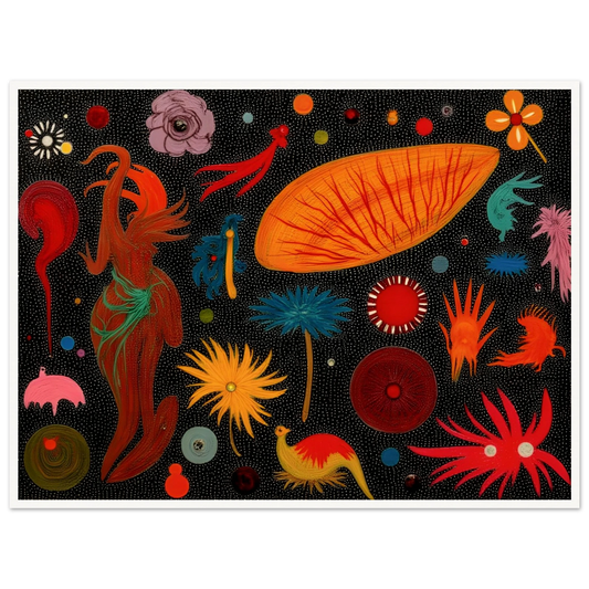 A vivid constellation of surreal floral and animal-like forms scattered over a black dotted background in bright, playful colors.