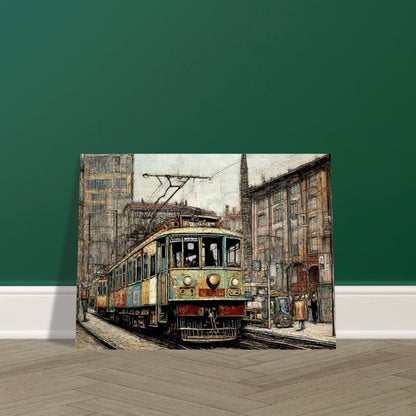 "A detailed painting of a vintage tram traveling through a bustling city street, surrounded by old buildings and a busy urban environment, evoking a nostalgic feel."