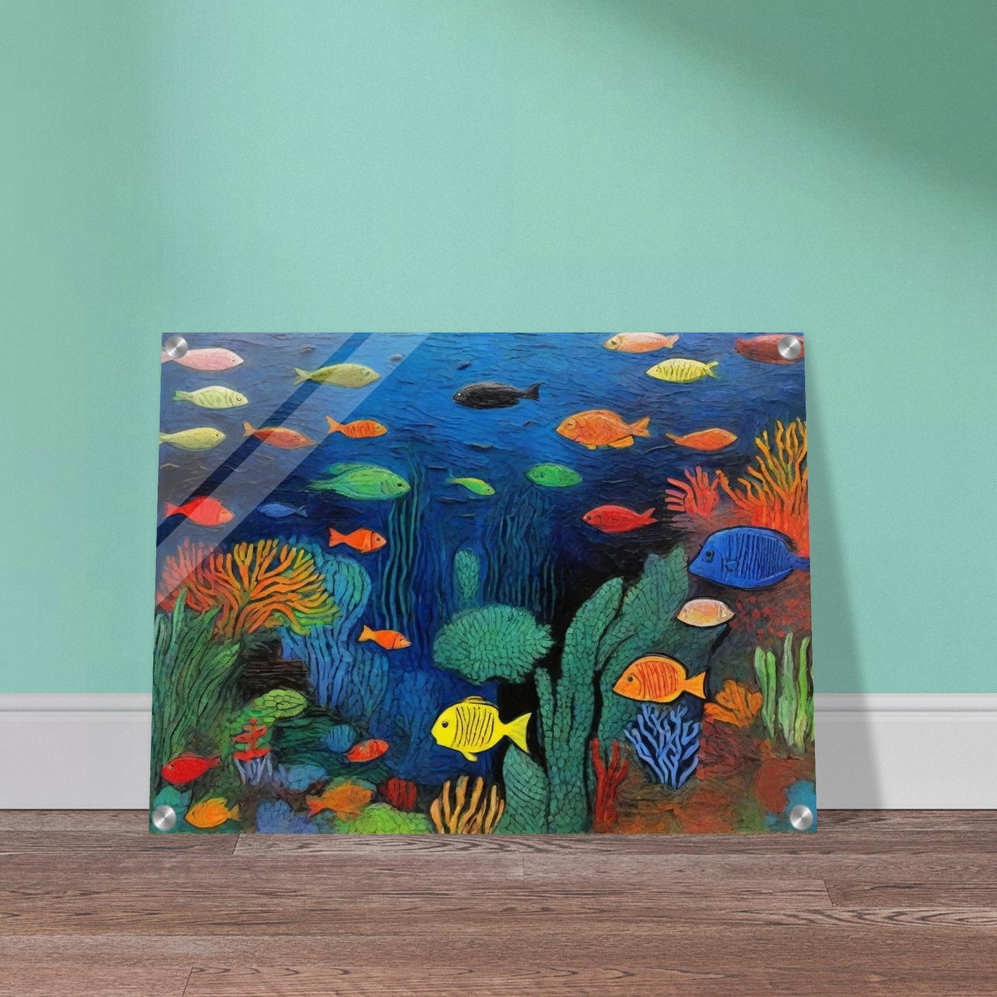 "A vivid painting of a vibrant underwater coral reef, teeming with colorful fish of various shapes and sizes swimming amidst the lush marine plants and coral."